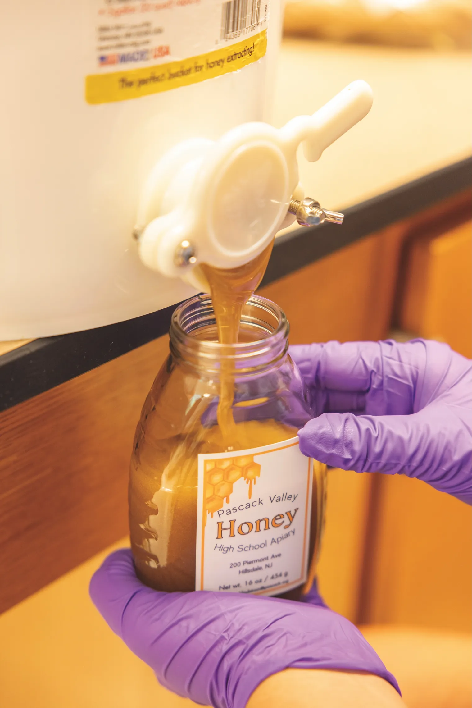 Honey dripping from extractor into jar