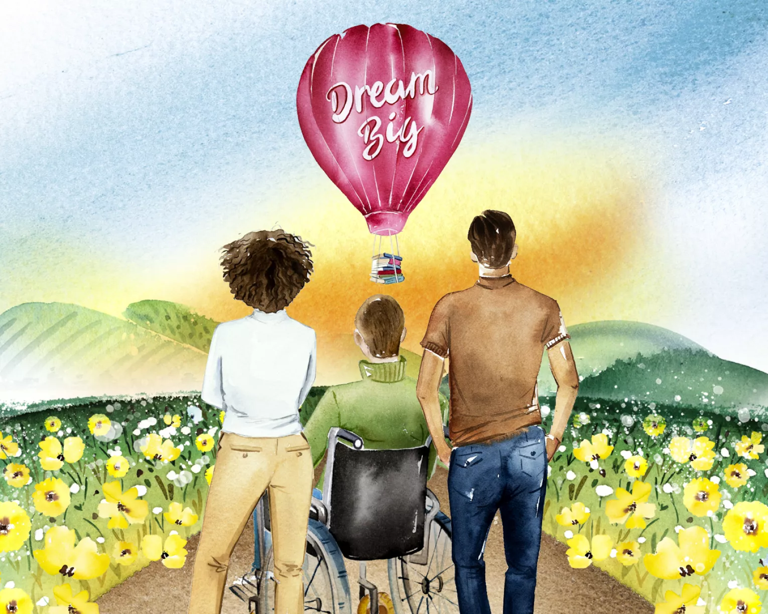 A group of three people looks down a path to a red hot air balloon soaring over mountains. On the hot air balloon it says "Dream Big!"