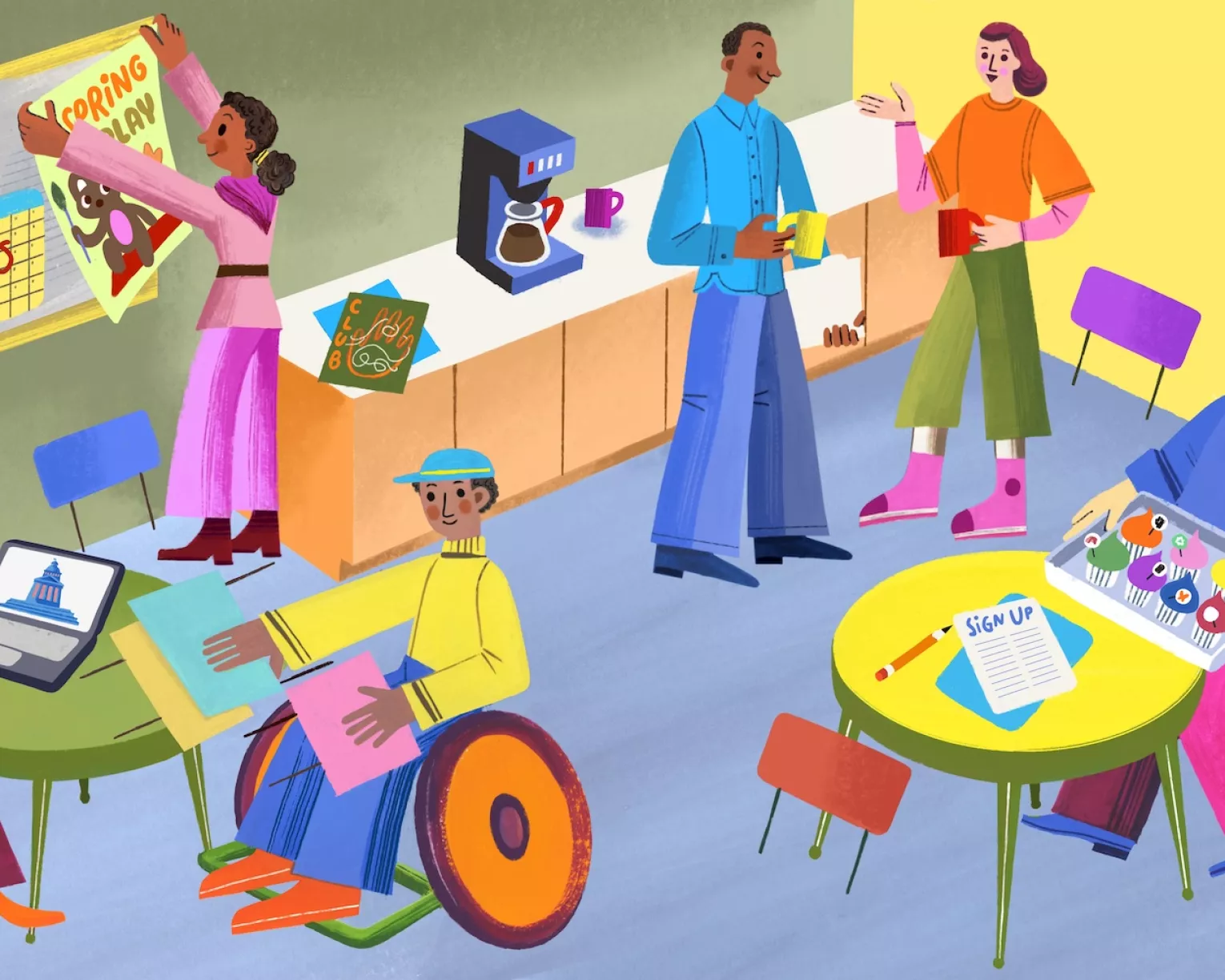Illustration of changemakers in a school breakroom, performing various activities.