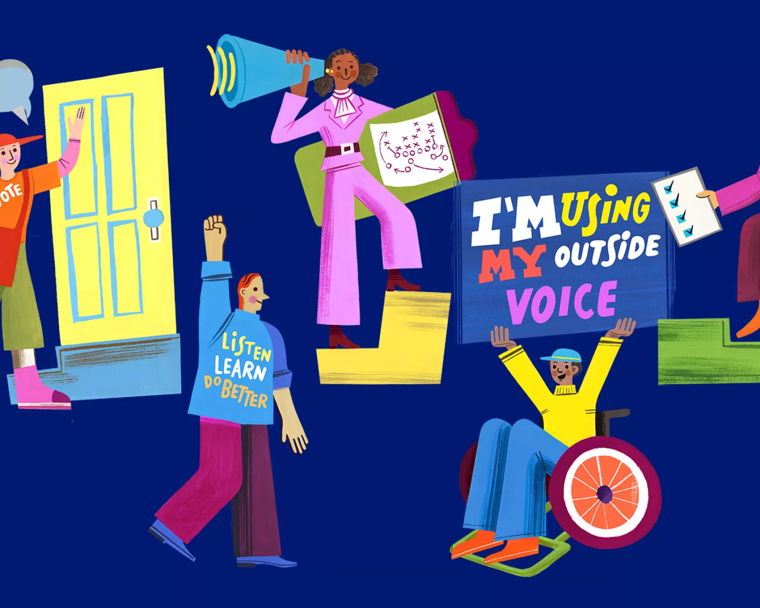 illustration of different changemakers types on a dark blue background