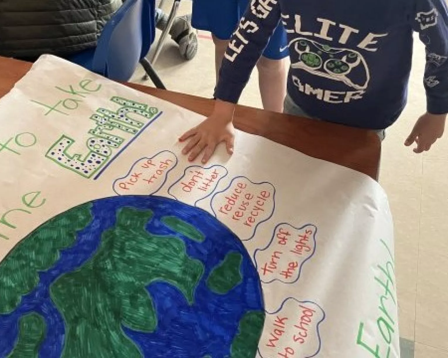 A student placing a hand on a poster about the earth
