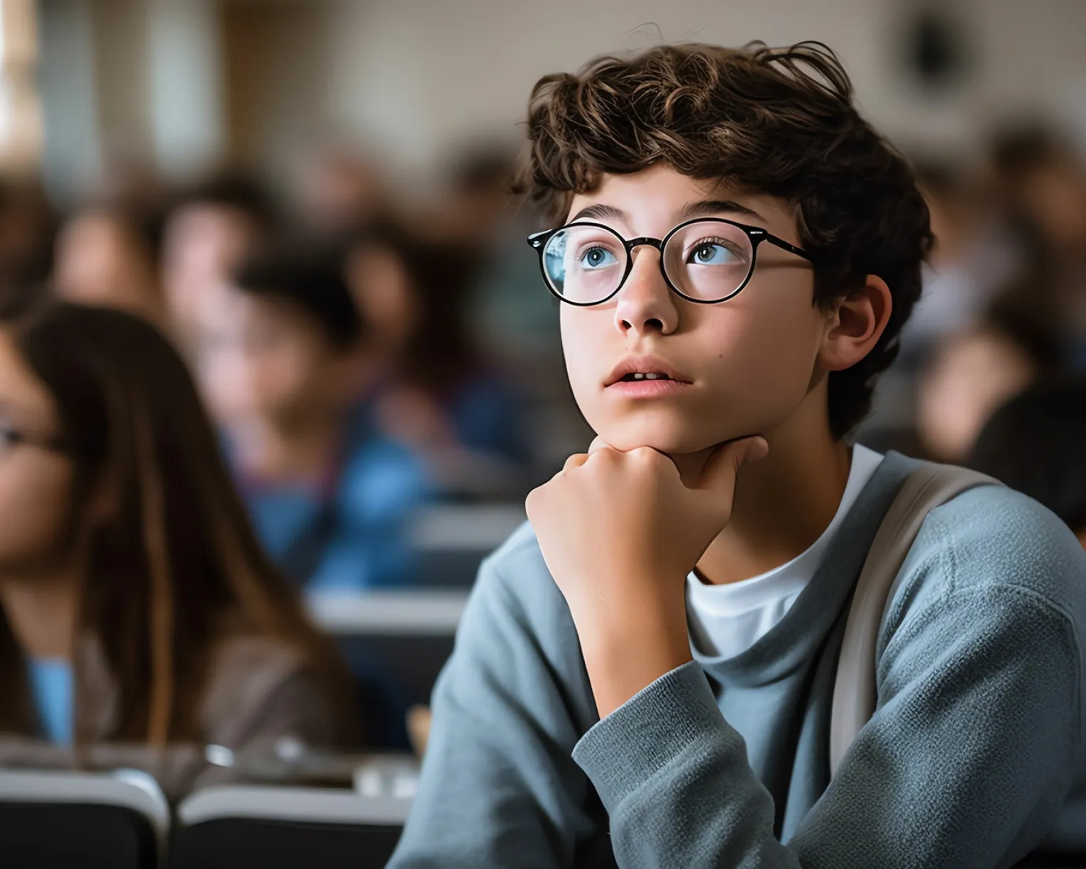 6th grade boy listening to lesson in classroom