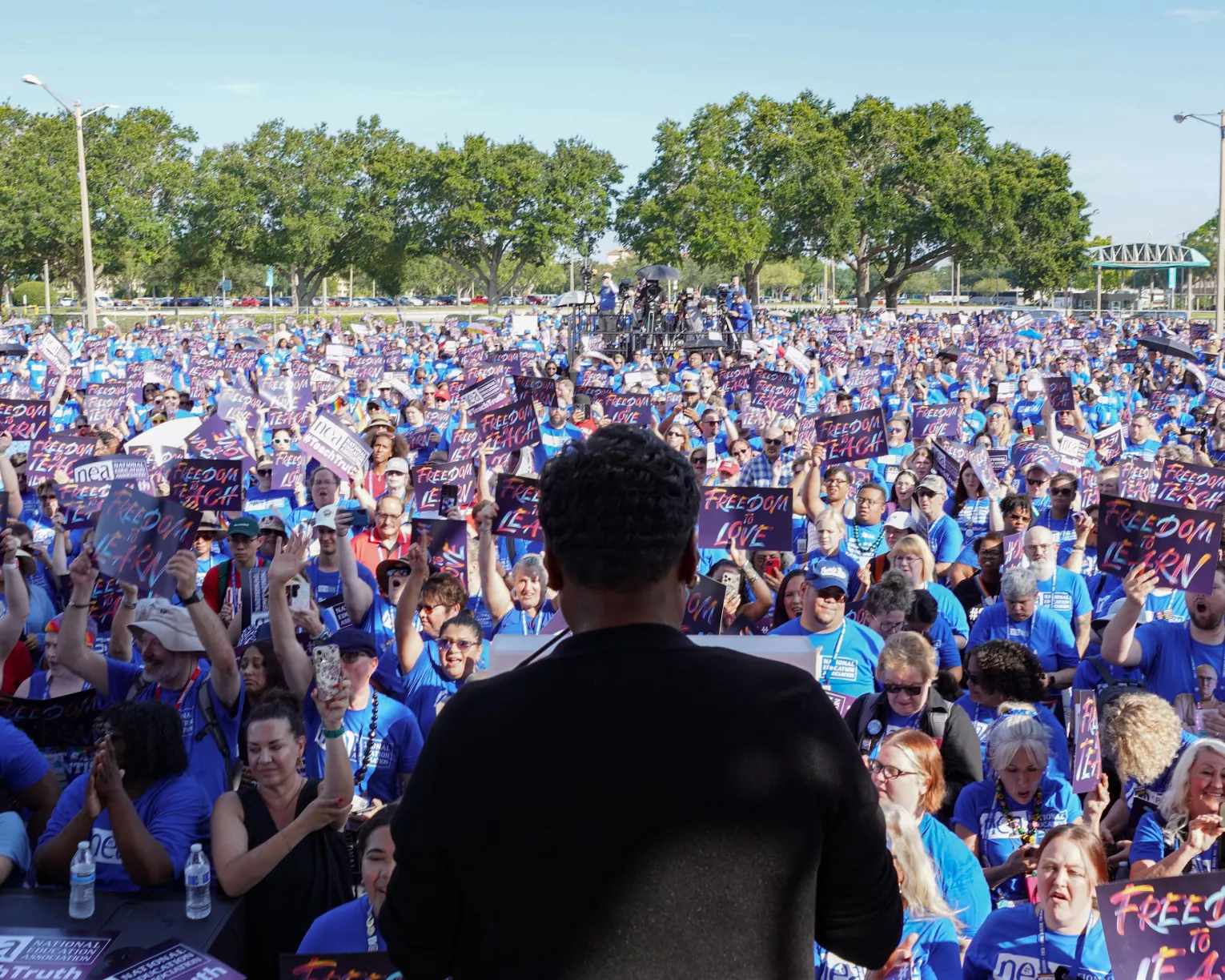 NEA President Becky Pringle rallies a crowd of educators protesting Florida's book bans and censorship laws in Orlando