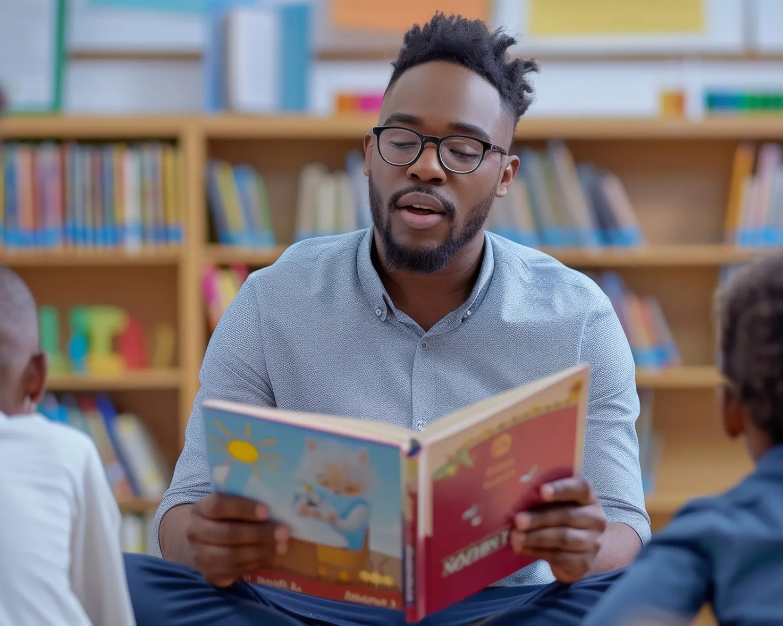 Black male teachers reads aloud to young children in a library