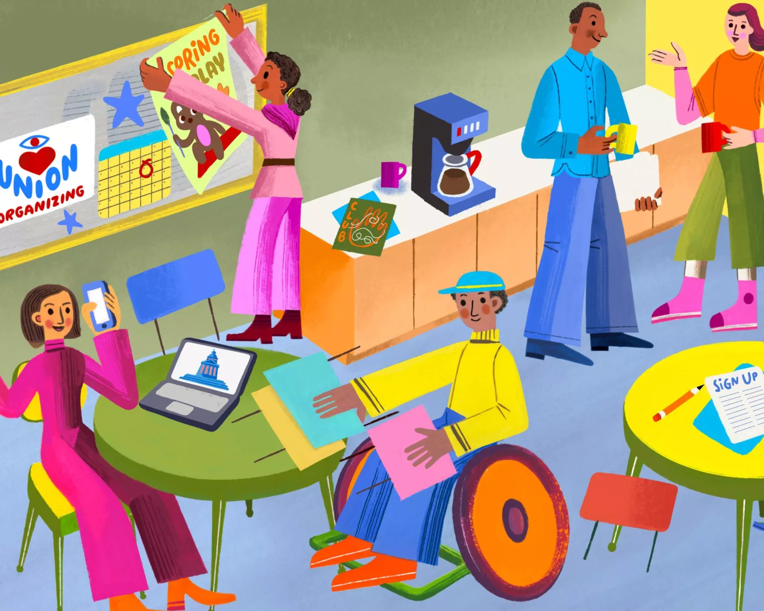 Illustration of educators in a staff lounge doing union activities.