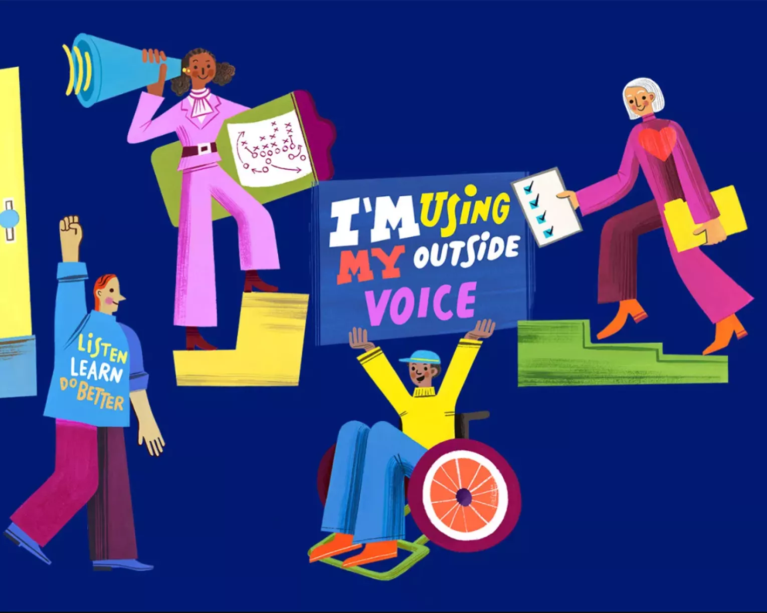 illustration of 4 adults in stages of organizing for the union, such as calling out with a megaphone, holding up a sign, knocking on doors