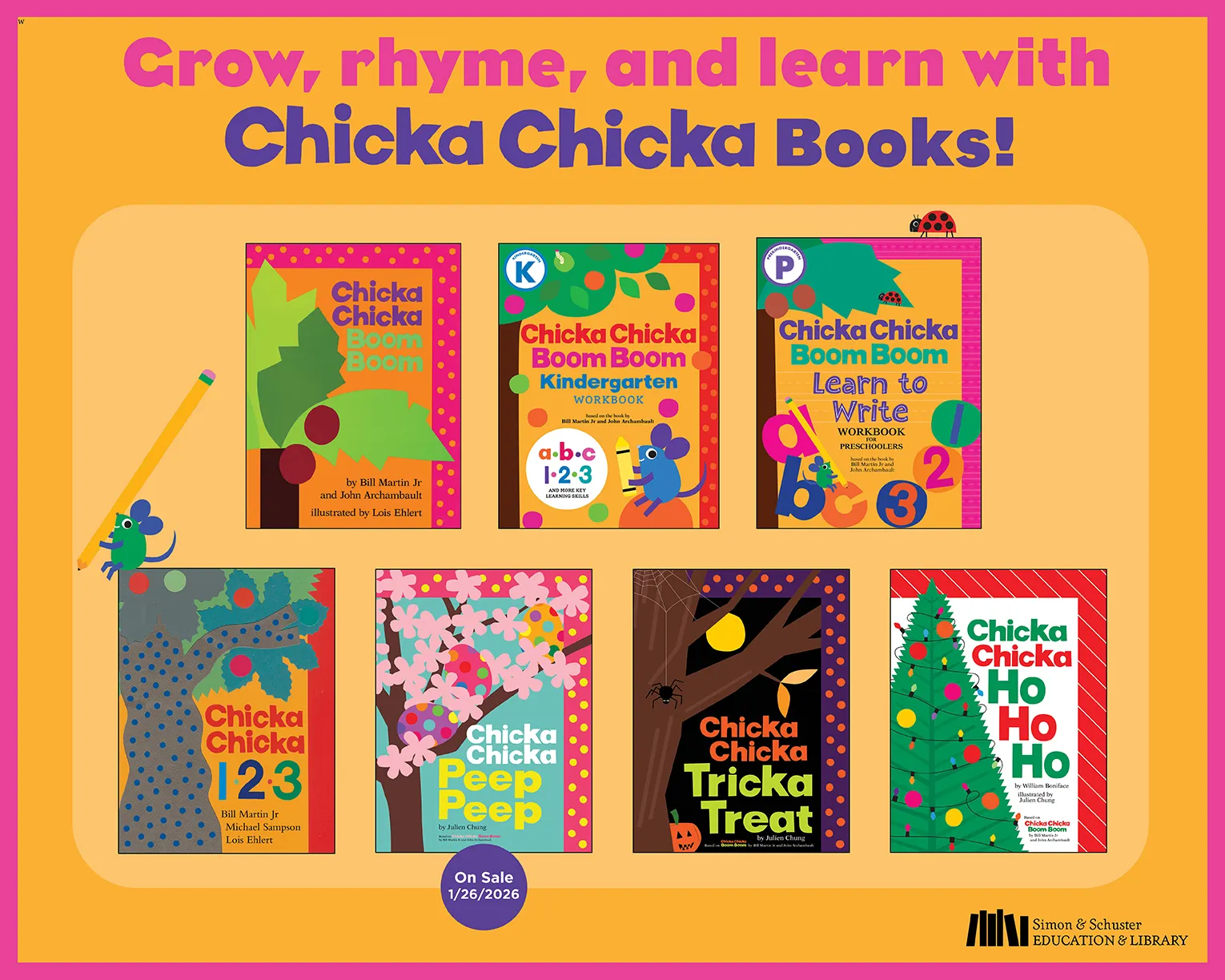 Ad with several book covers and text that says: Grow, Rhyme and learn with Chicka Chicka Books