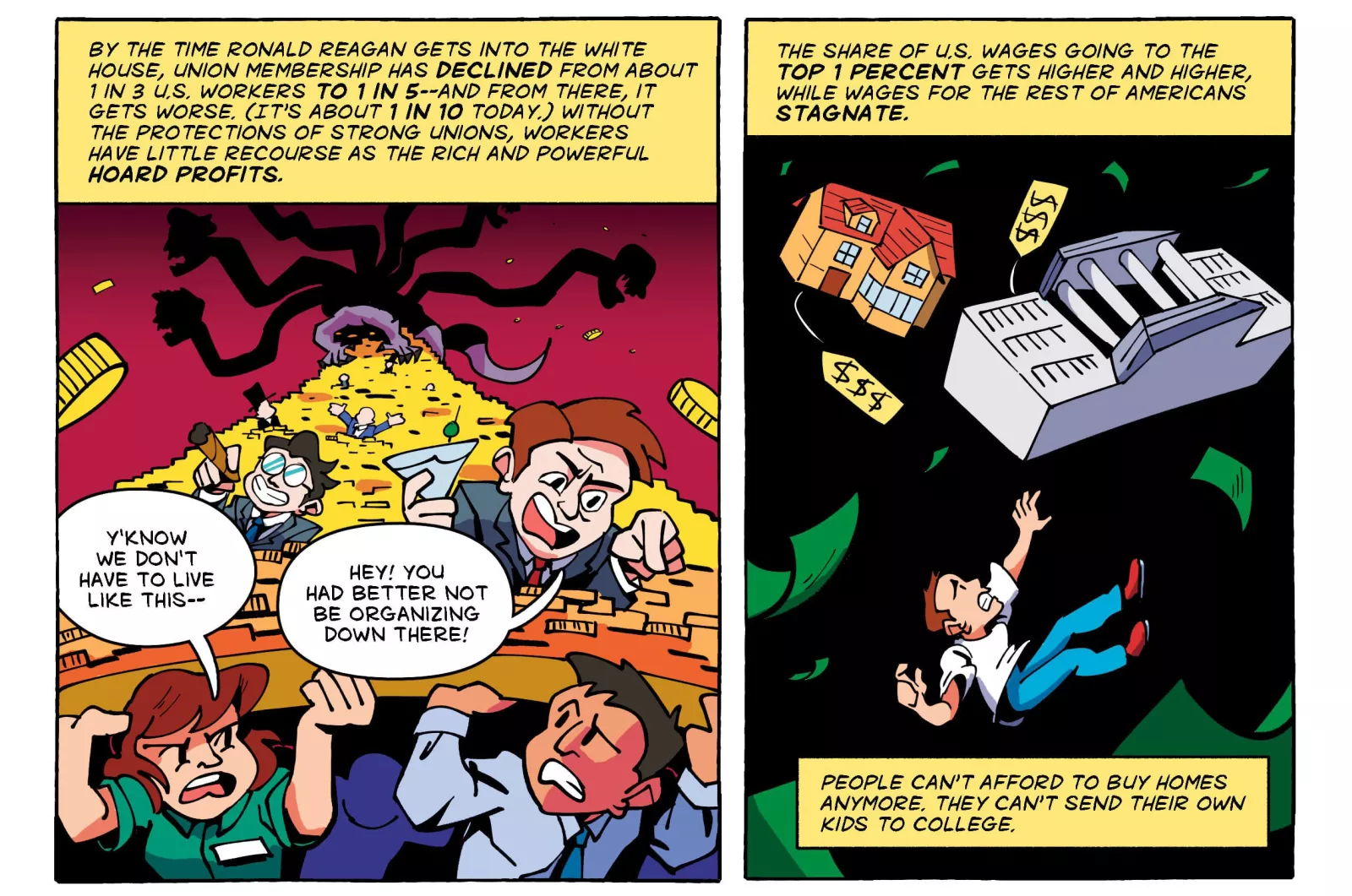 Comic panels showing that the anti-worker laws succeeded in reducing union power. The ramifications were growing wealth gaps, skyrocketing college costs, and other entrenched inequality.