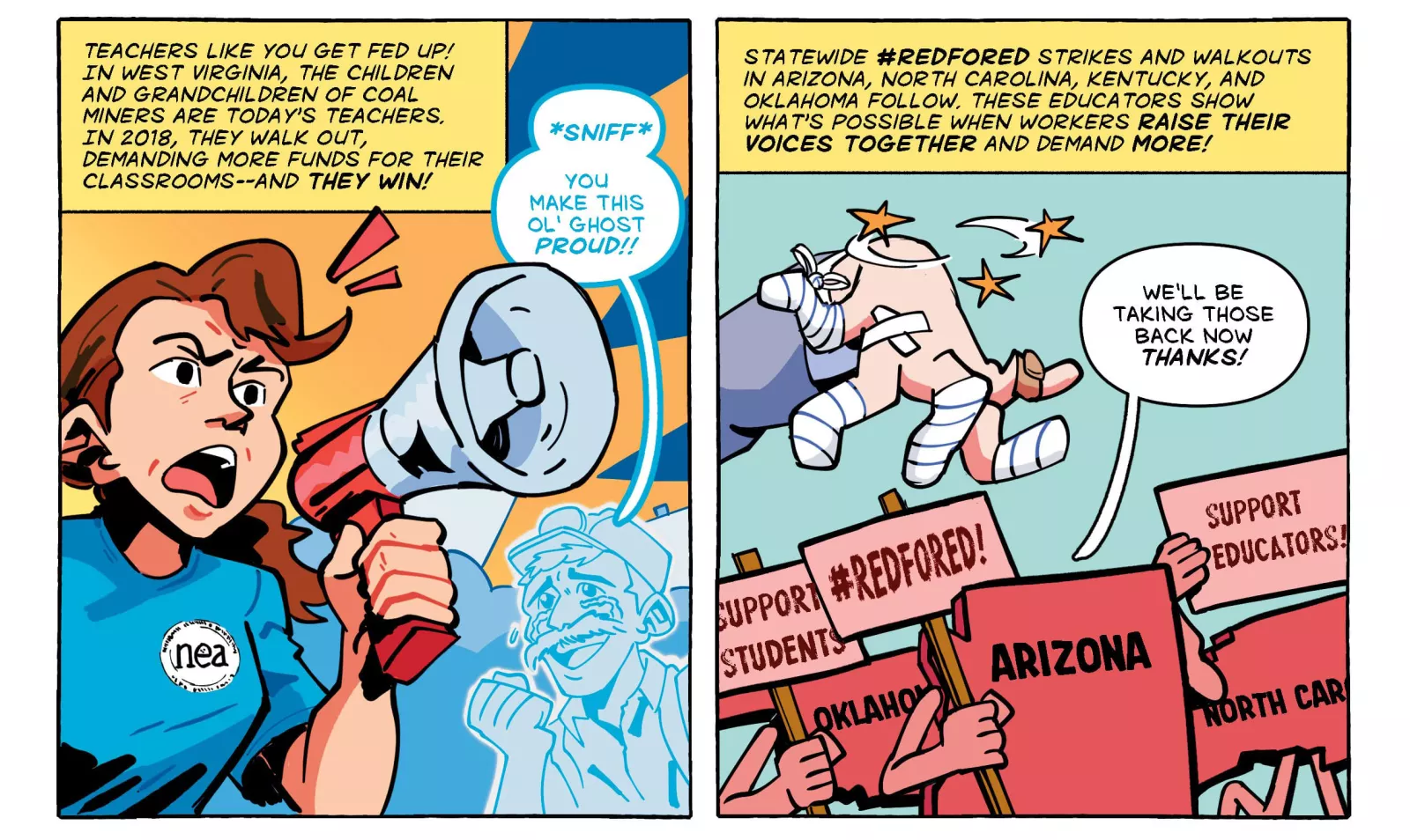 Comic panels show educators fighting back against the anti-worker and anti-public school movements through the #RedForEd movement.