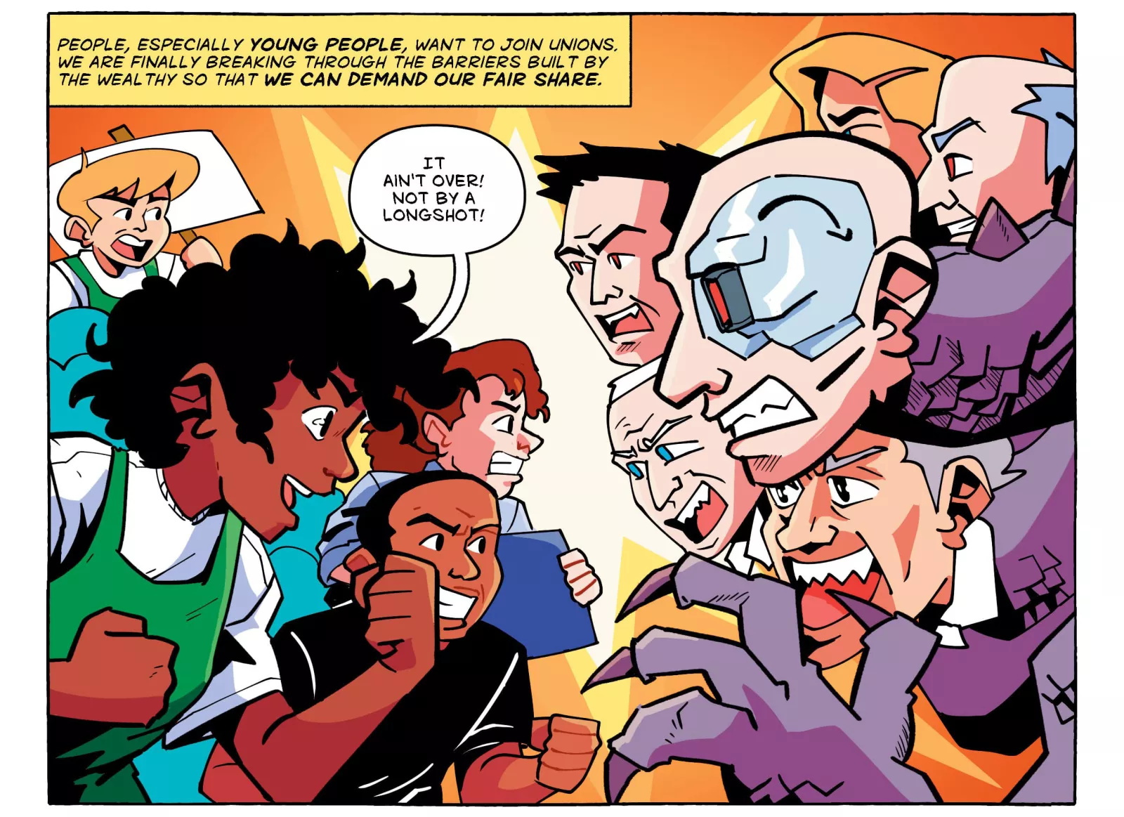 A graphic panel shows a reinvigorated labor movement is ready to combat the many headed monster of wealth and power.