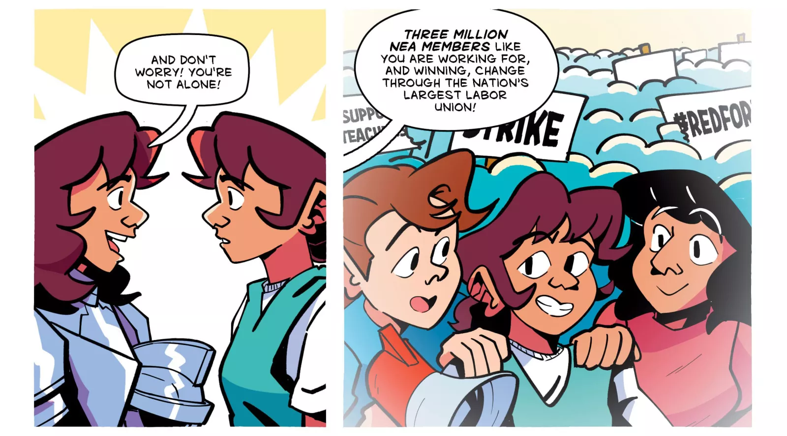 Comic panels show an educator ready to take action and being reminded of the 3 million other NEA members who are ready to fight for public schools and each other.