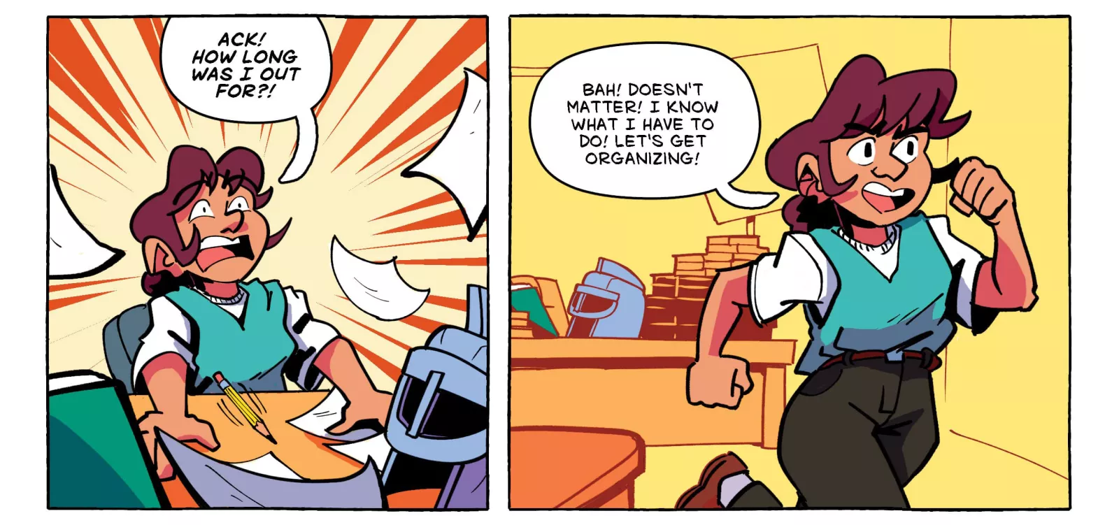 Comic panels showing an educator waking up at their desk and marching off to take action with their union.