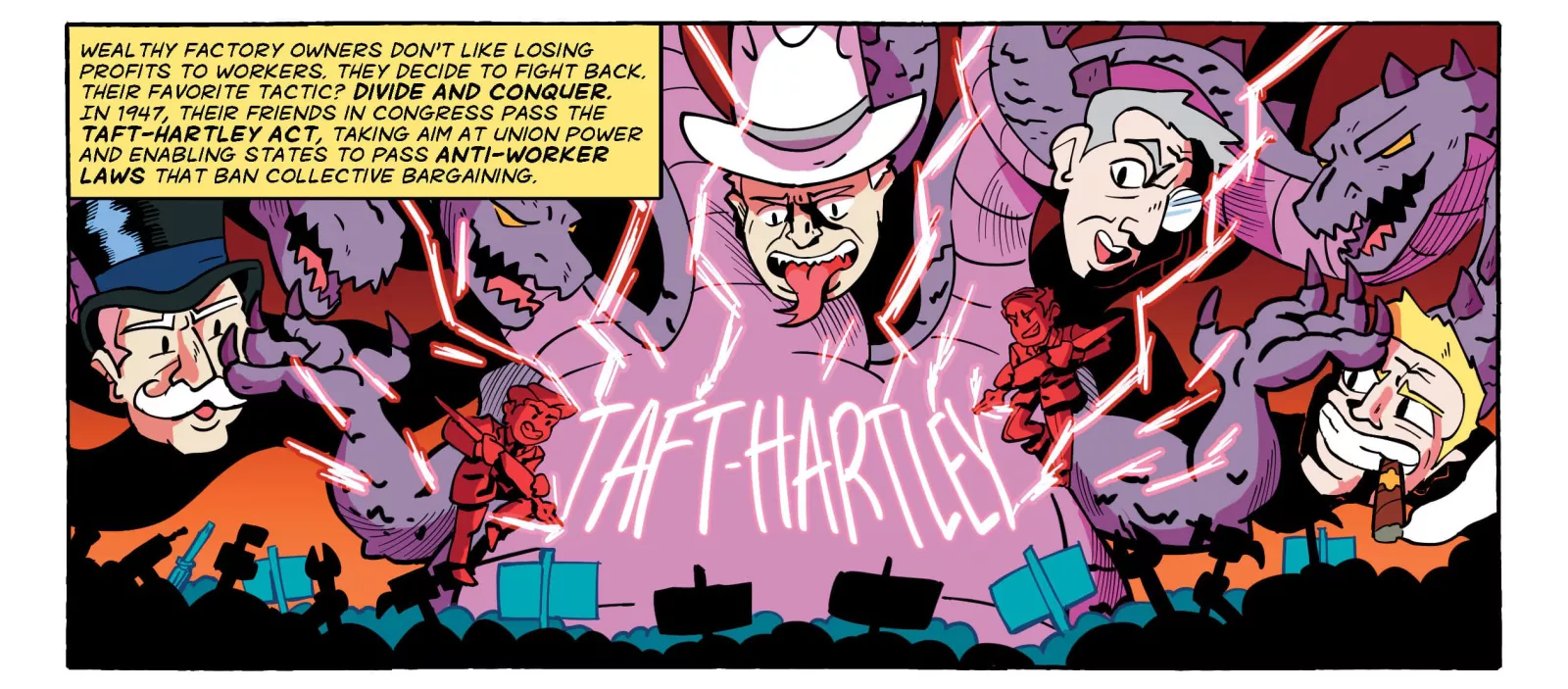 Comic panels showing a many-headed monster with the glowing words "Taft Hartley" on it's body. This represents the wealthy businessmen and politicians who enacted these anti-worker laws to break up union power.