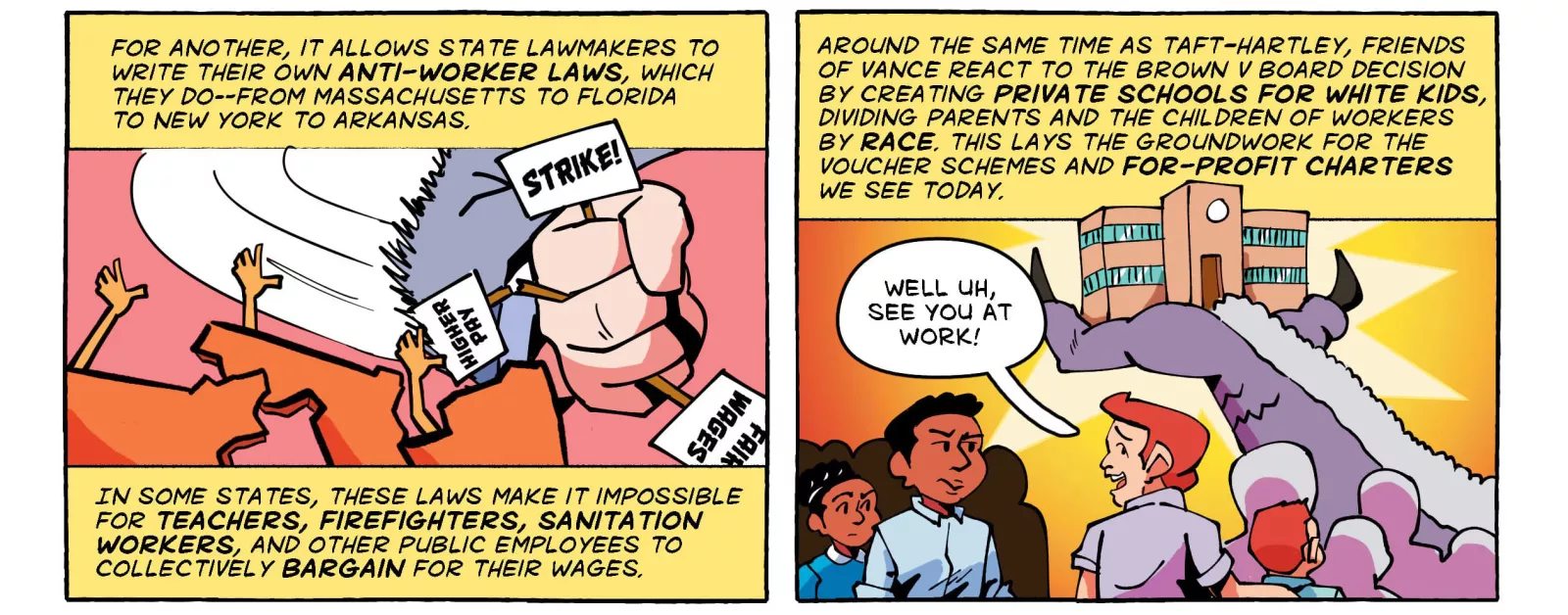 Comic panels show Vance Muse successfully knocking down union power by helping pass the Taft-Hartley Act, which allows states to enact their own anti-worker laws. At the same time, the wealthy divide communities by segregating our nation's education system.