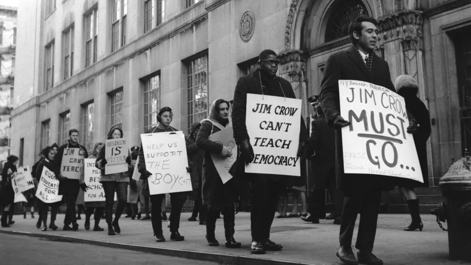 Black and white historic image of 1964 New York school boycott
