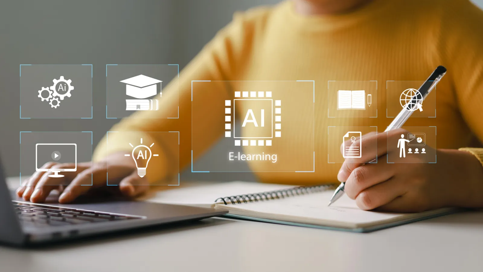 A person working on a laptop surrounded by icons representing AI learning concepts, while holding a pen about to write on a notepad on the other hand..