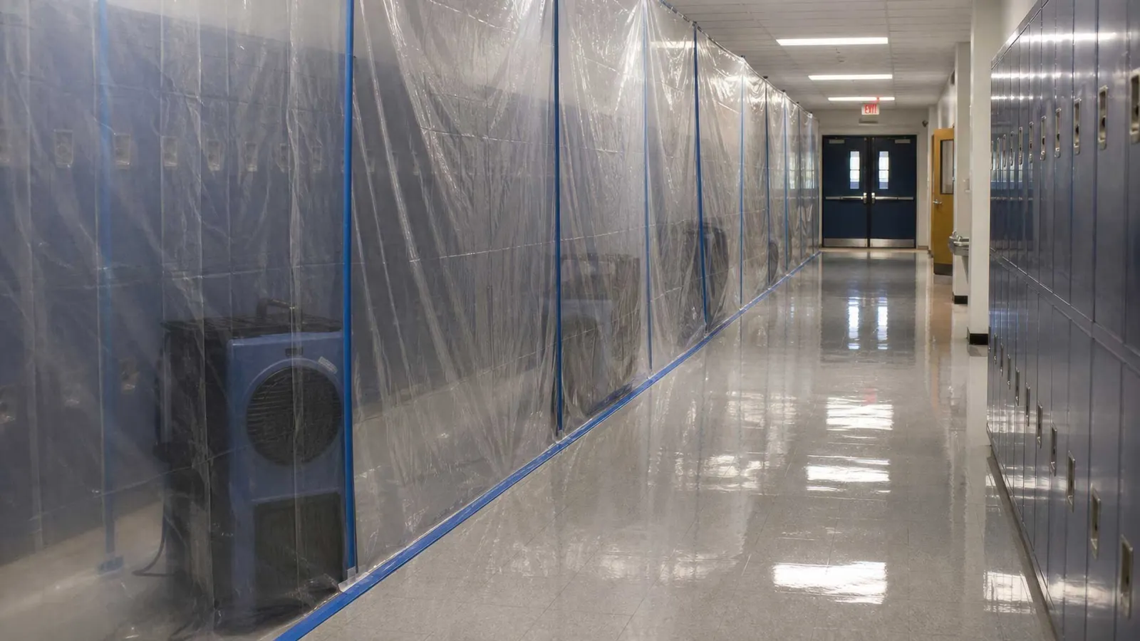 School corridor partitioned for mold treatment.