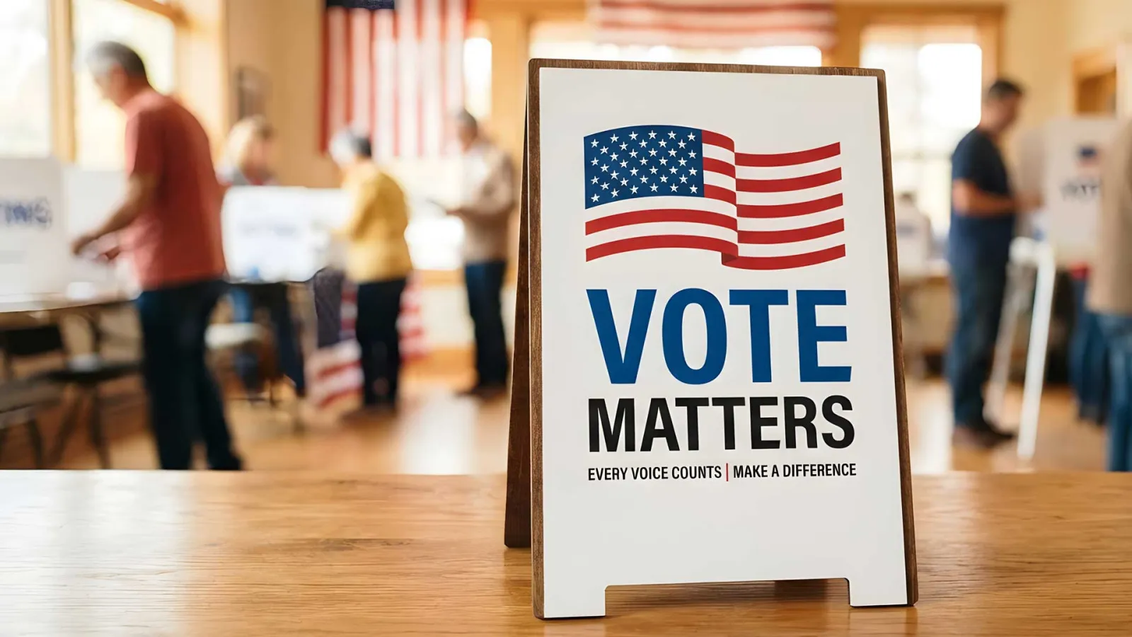 Sign with a wavy American flag and Vote Matters, Every Voice Counts, Make a Difference with voters in the background.