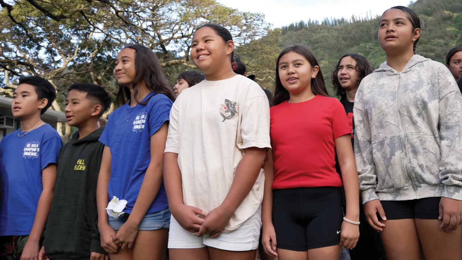 Students sing a joyful song at Ke Kula Kaiapuni ‘o Ānuenue