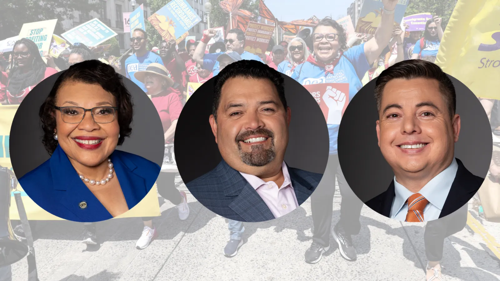 silhouetted headshots in a row of NEA's three officers overtop a faded background image of educators at a rally
