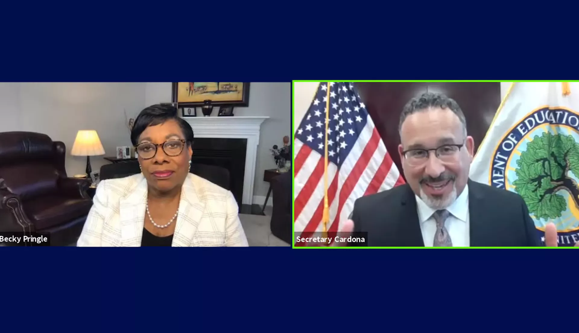 Becky Pringle and Miguel Cardona during a virtual town hall on April 21.