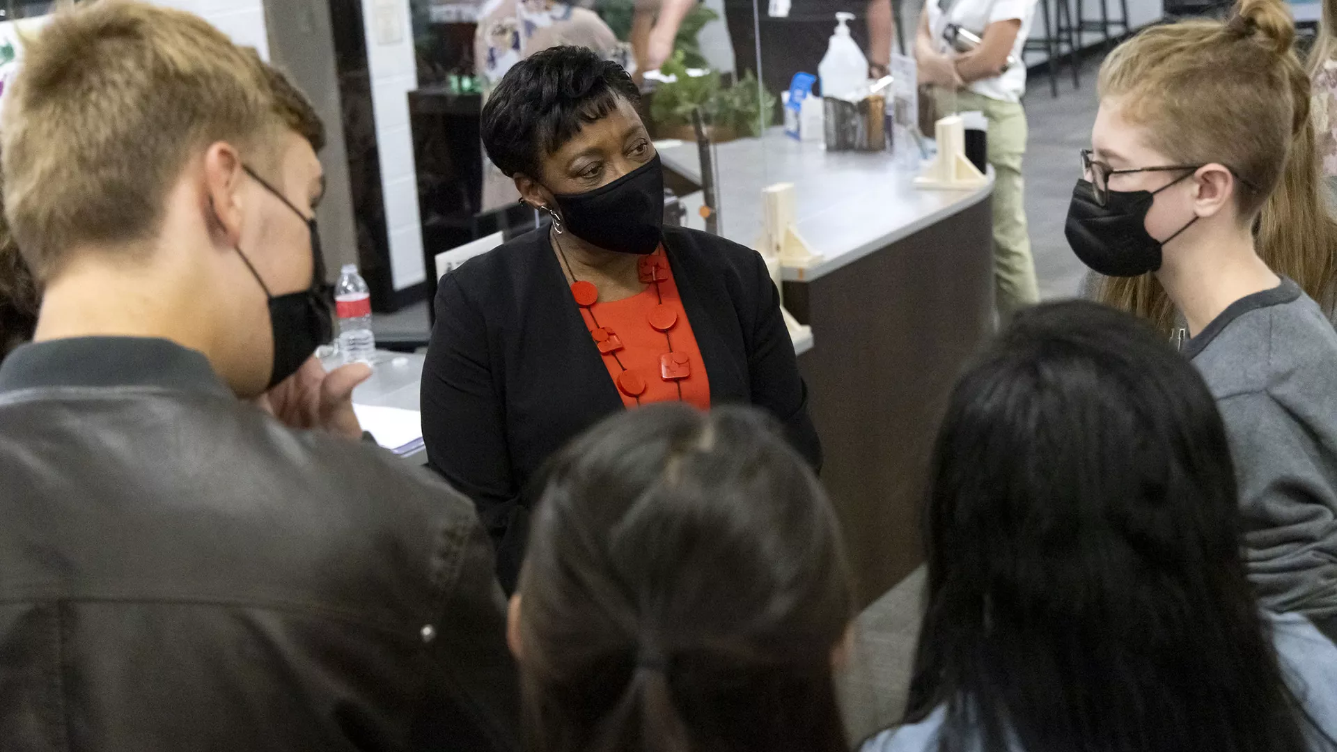 NEA President Becky Pringle speaks with students at Farmington Middle School
