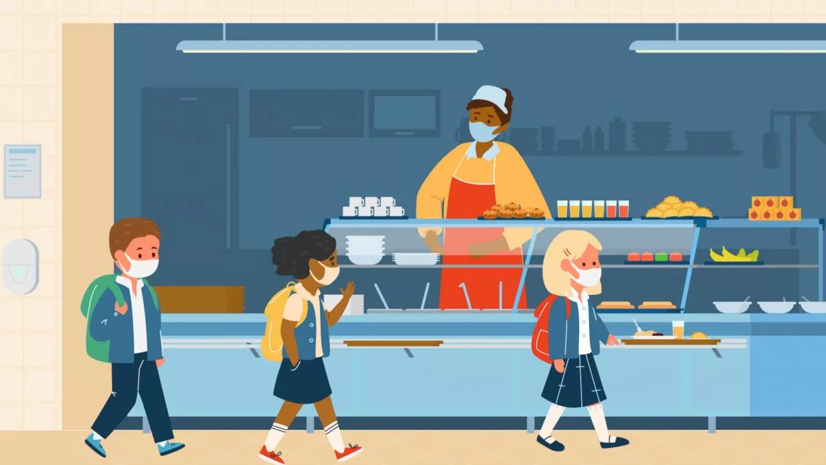 An illustration of maked kids in a school cafeteria