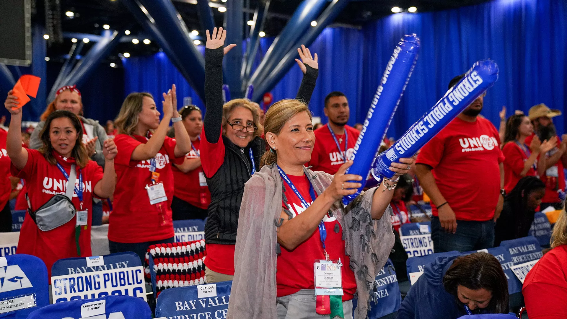 RA delegates cheer for a speaker at the 2019 meeting in Houston