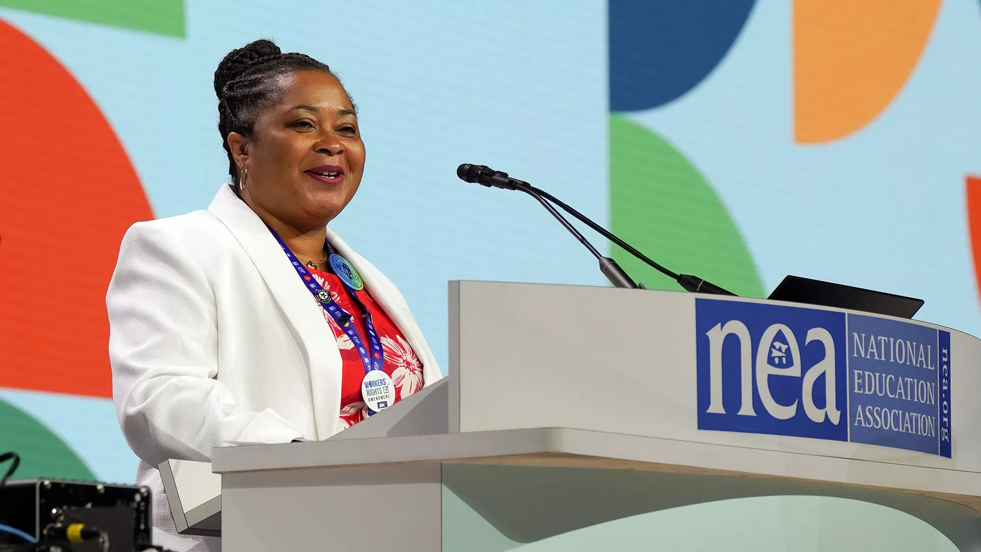 ESP of the Year Debra Ward-Mitchell speaks from the stage at the NEA Representative Assembly