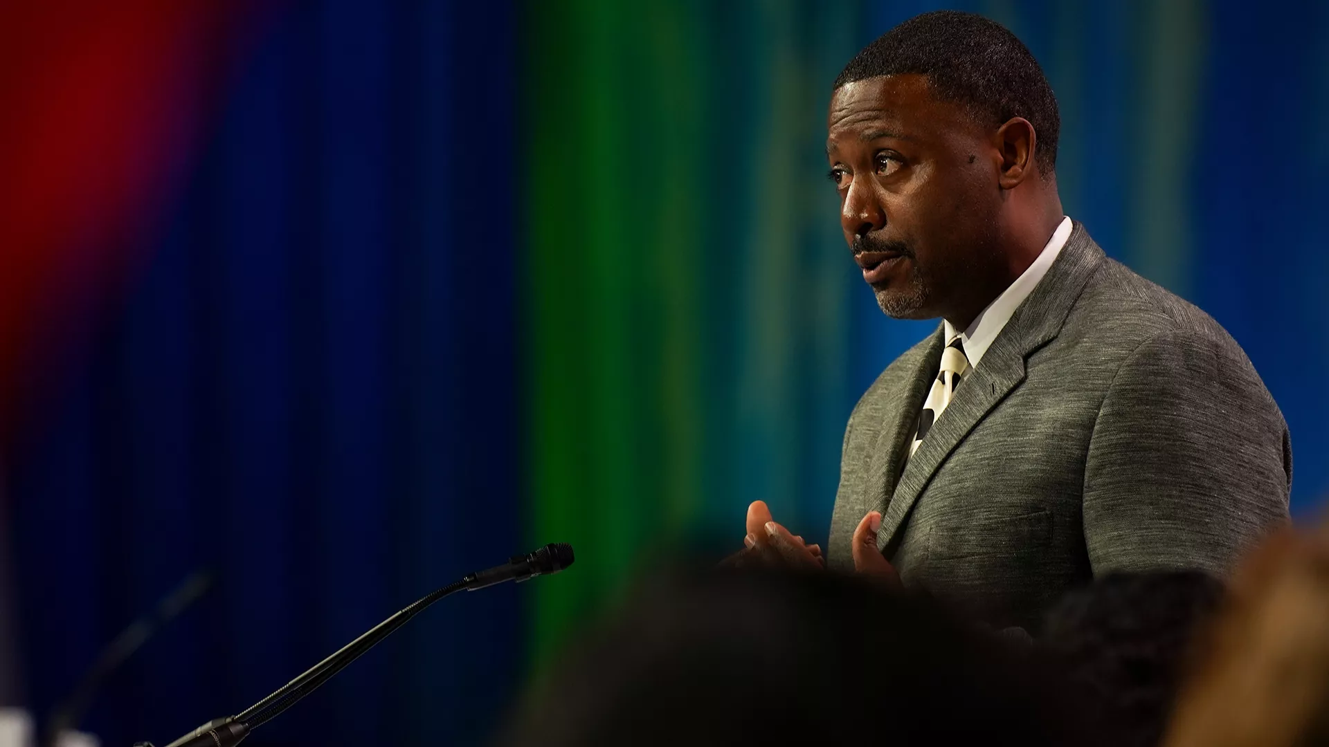 2022 National Teacher of the Year Kurt Russell on stage at NEA's Representative Assembly