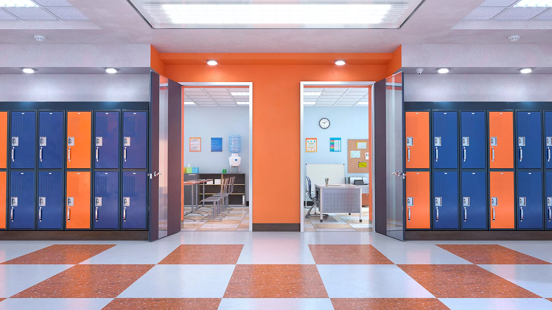 looking into two classroom doors from a school hallway with orange walls and blue lockers
