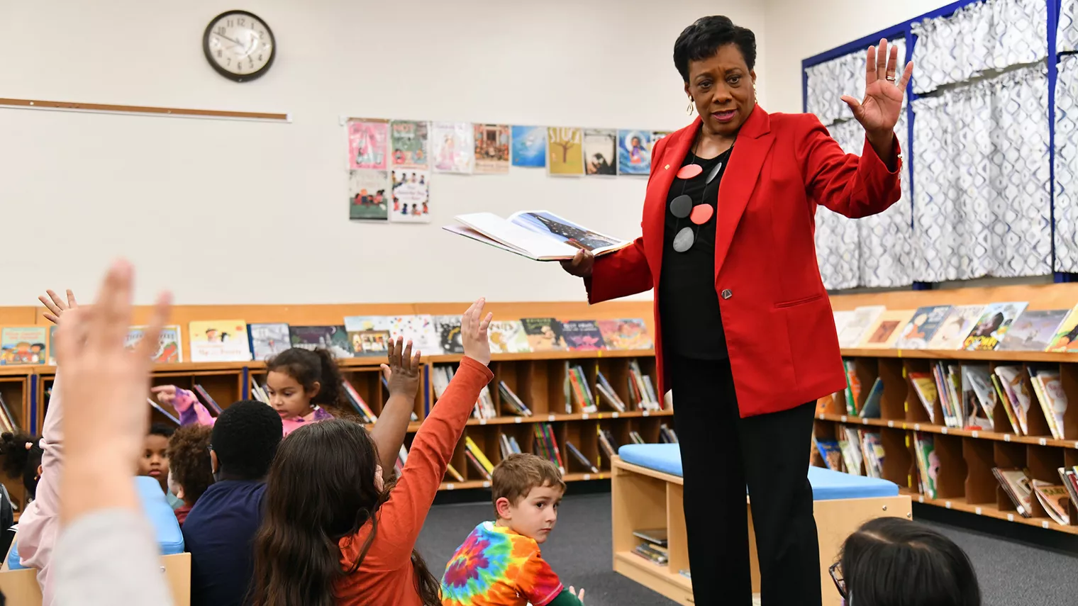 NEA President Becky Pringle reads to students at Gaithersburg Elementary School