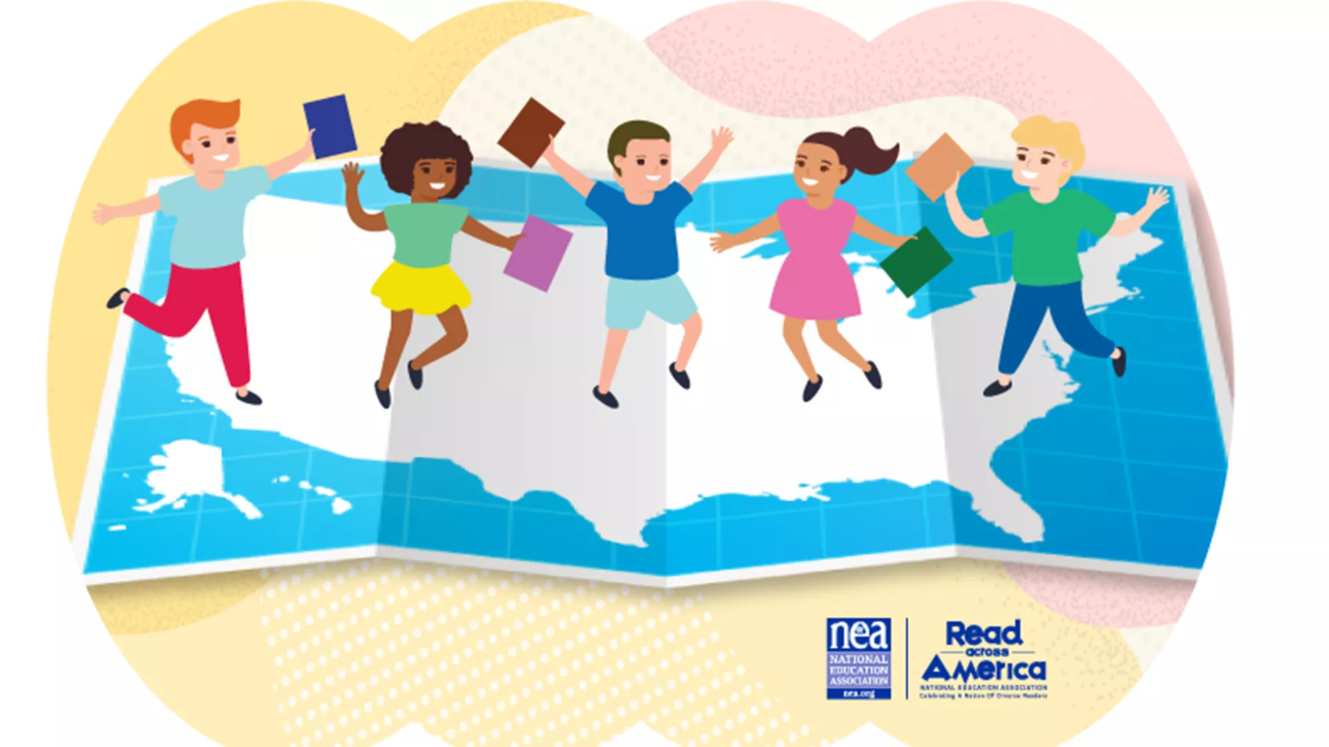 colorful graphic of Kids with books jumping on a map of the united states