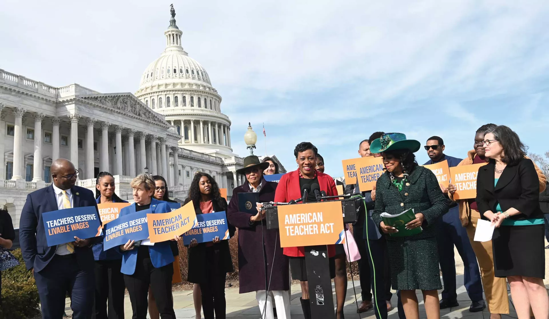 NEA President Becky Pringle speaking at a rally at the steps of the capitol.