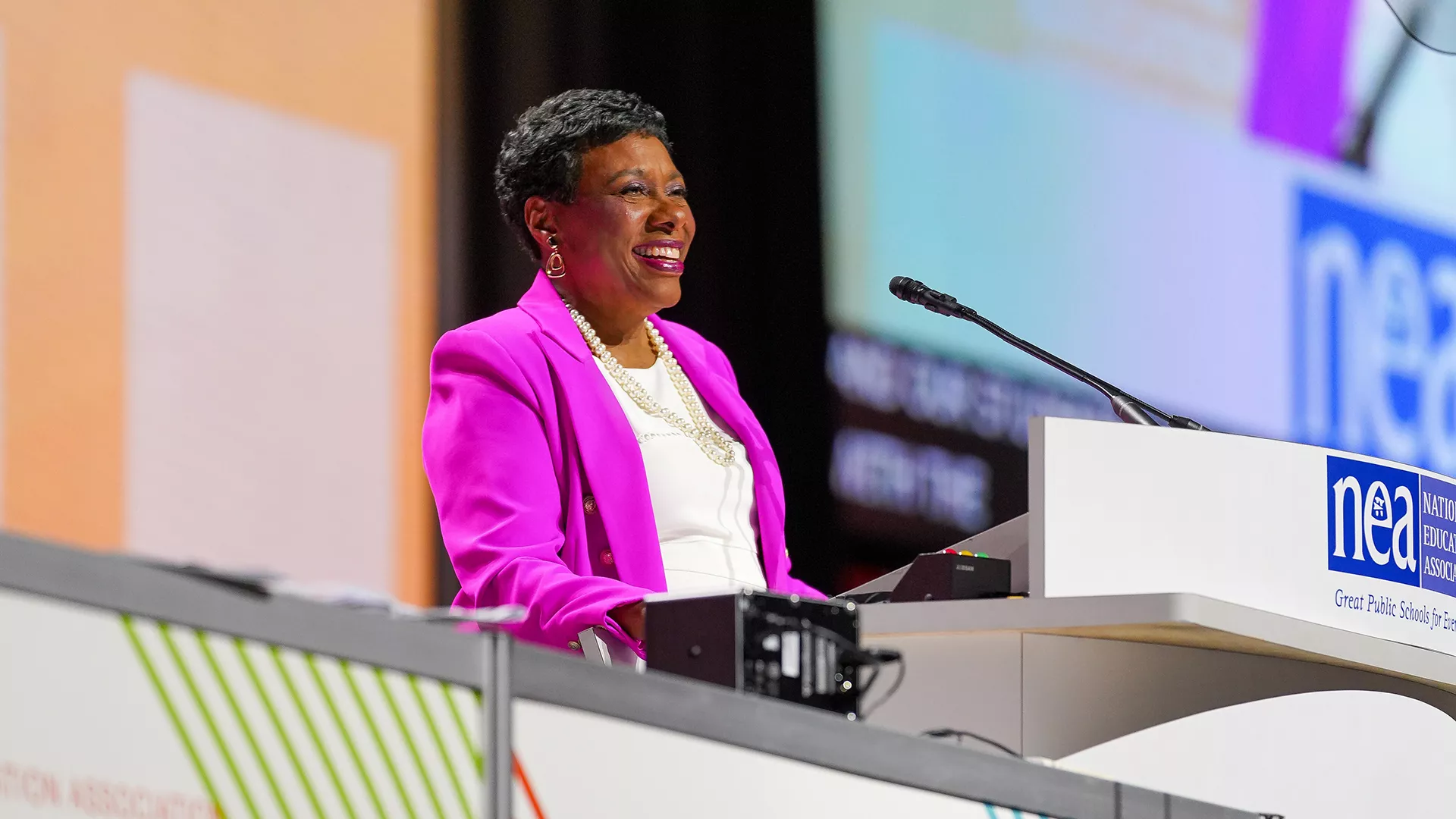 NEA President Becky Pringle delivering her keynote address at the 2023 RA