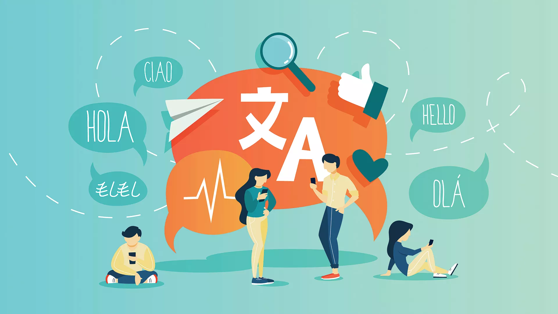 graphic of two adults speaking with the word hello in different languages around them