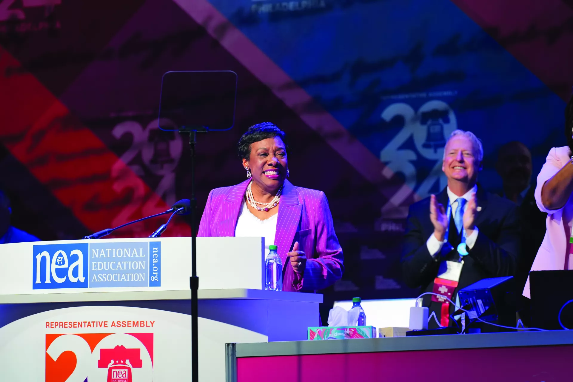 Becky Pringle at podium during 2024 RA