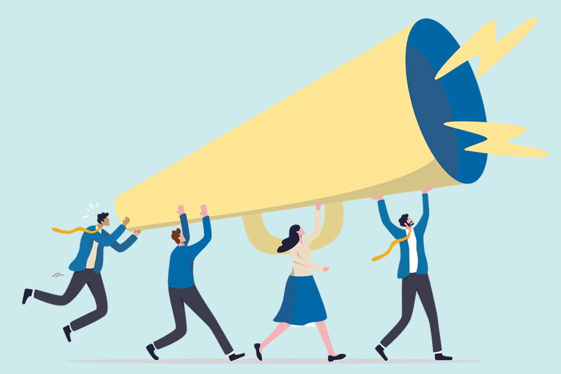 An illustration of union members hoisting a bullhorn aloft