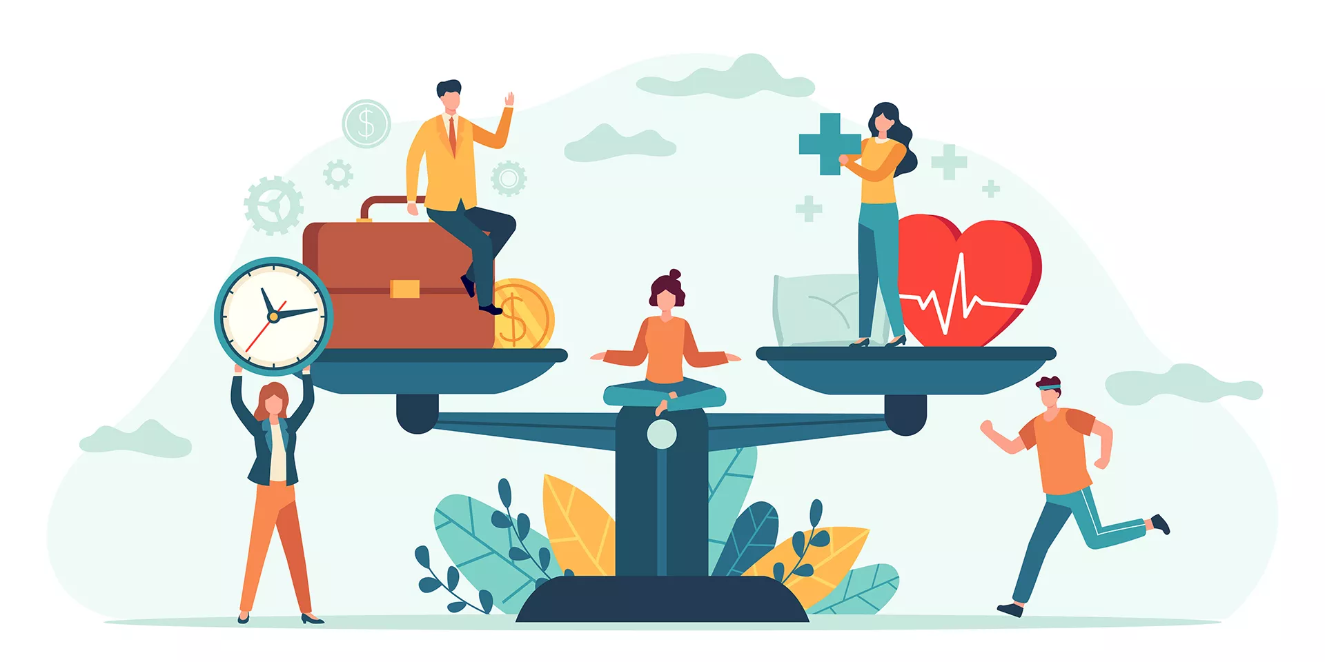 Graphic illustration of various people reflecting work-life balance.