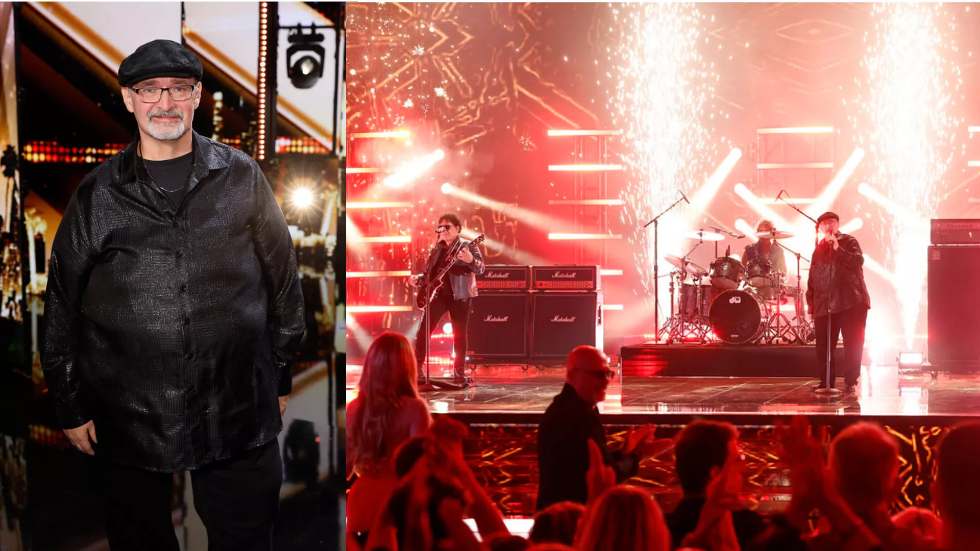 Image left shows man dressed in all black, wearing a black cap, while image right show man singing on state with bright lights behind him.