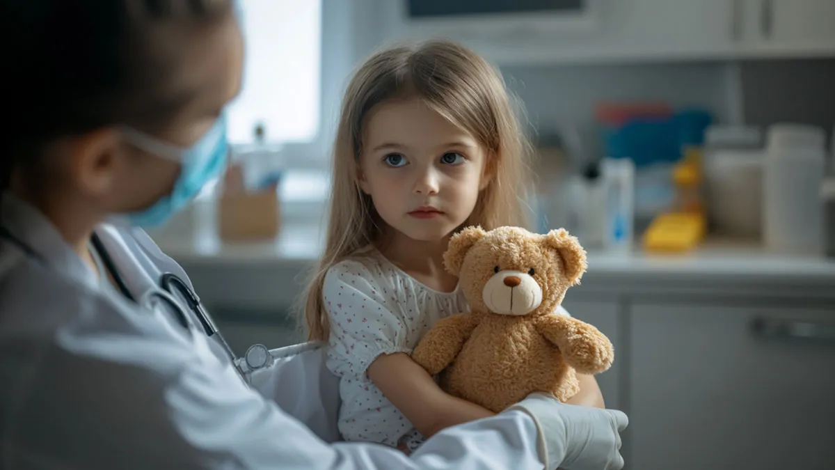 A child, holding a teddy bear, during a doctor's visit.