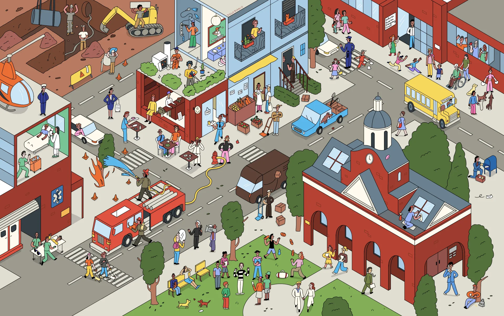 An illustration of a busy neighborhood.