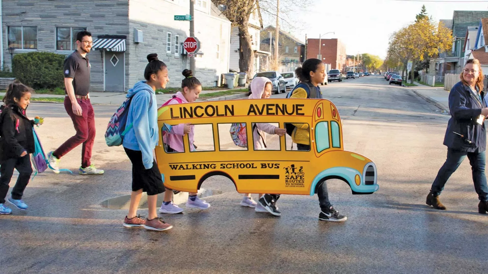 In Milwaukee, the Lincoln Avenue Community Elementary School created a walking school bus that “picks up” students and escorts them safely to school.