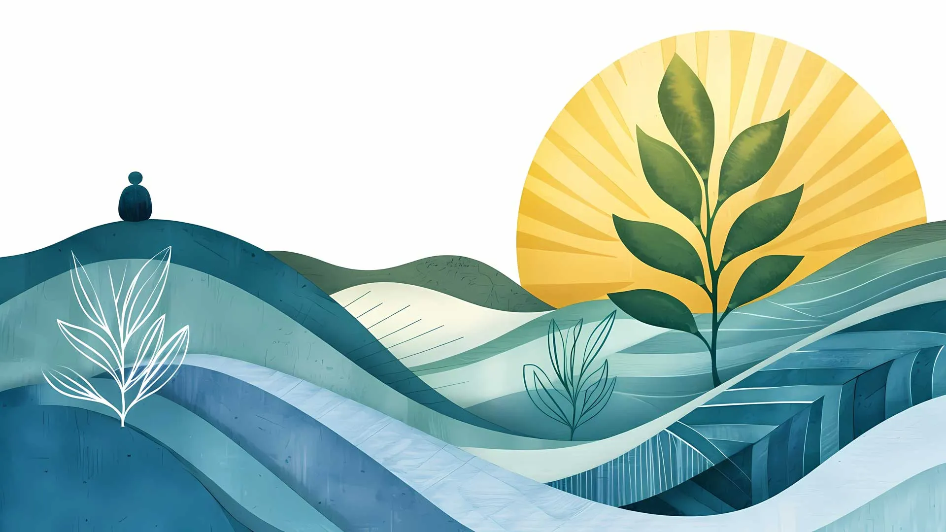 Artwork of rolling hills with a person observing the sunrise.