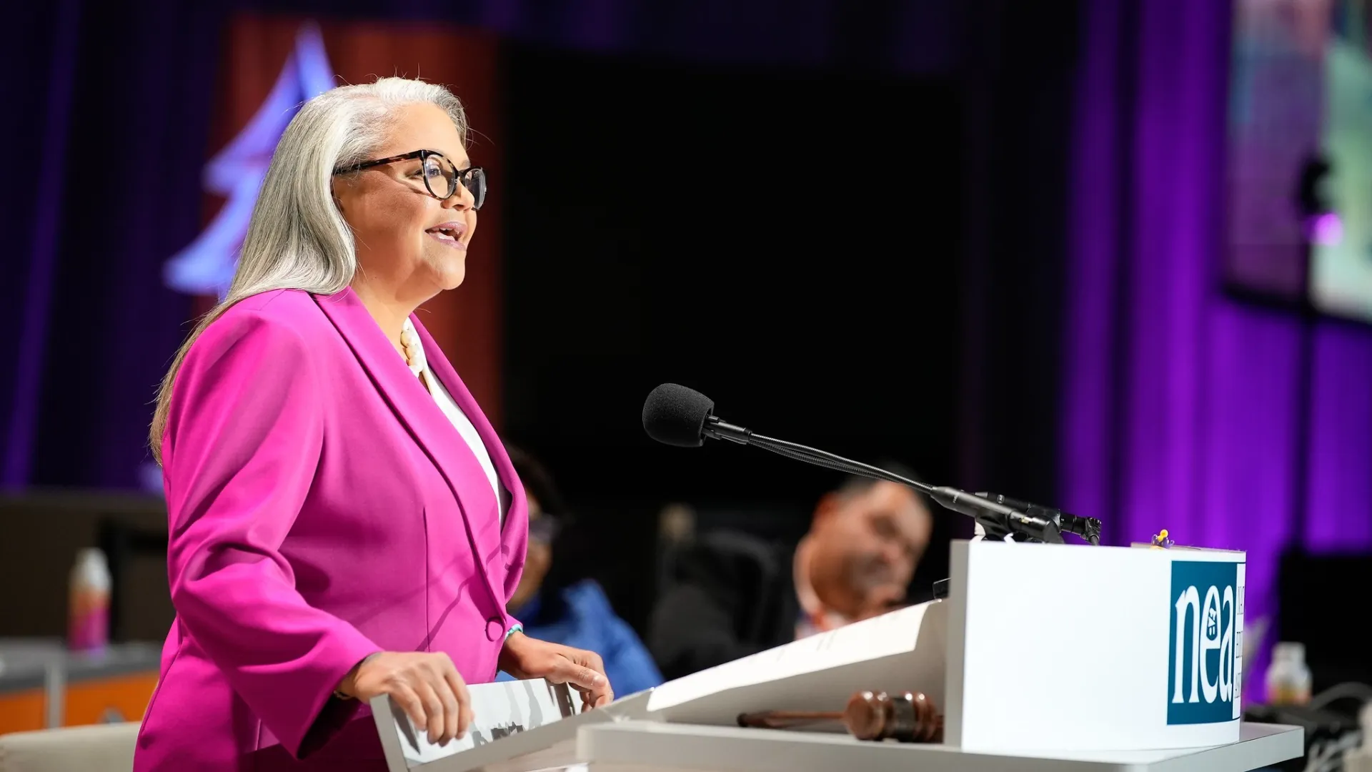 NEA Executive Director Kim Anderson speaks at the 2025 NEA Representative Assembly in Portland, Oregon July 5, 2025