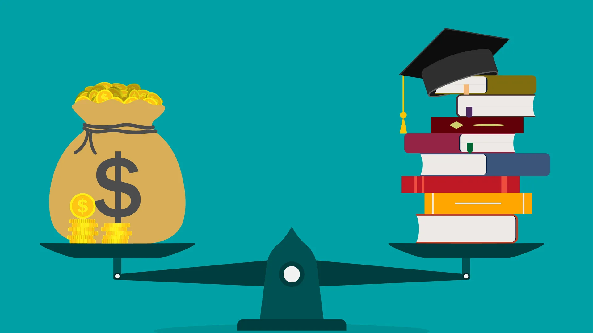 Illustrated weight scale with a bag on money on one end and books with a mortarboard set on top on the other end.