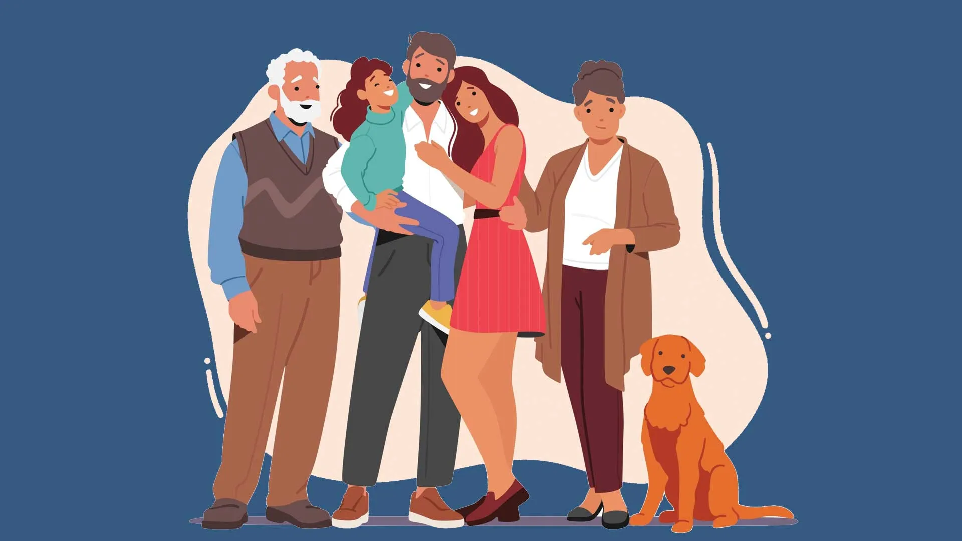 Graphic image of a family with grandparents and a dog.