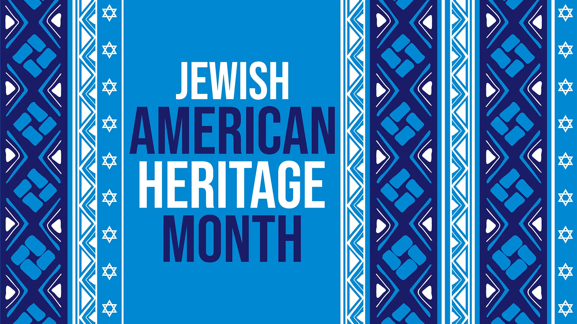 blue and white graphic art with geometric shapes and the words Jewish American Heritage Month