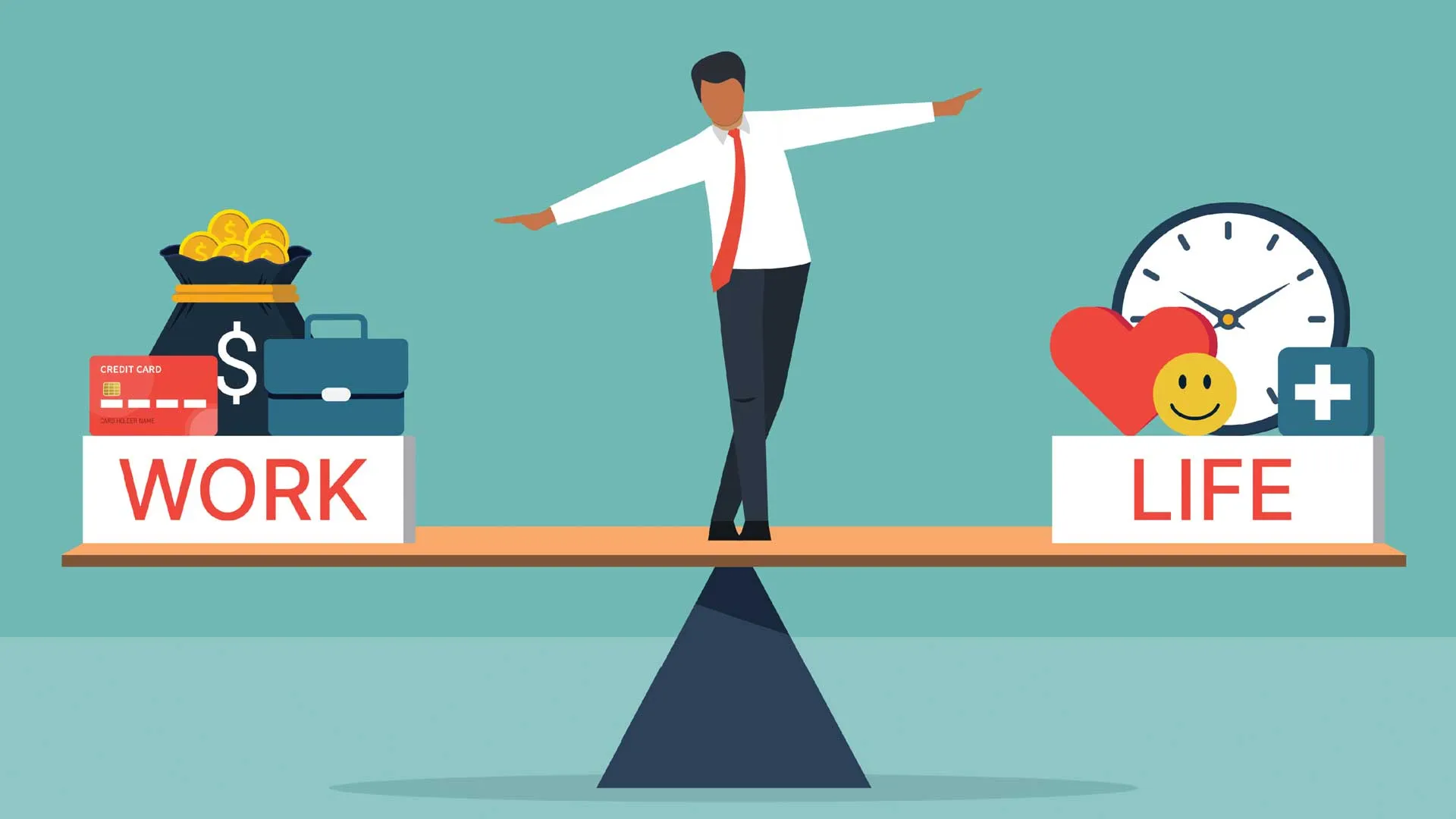 Graphic image of a man standing on a balance beam with work on one side and life on the other.