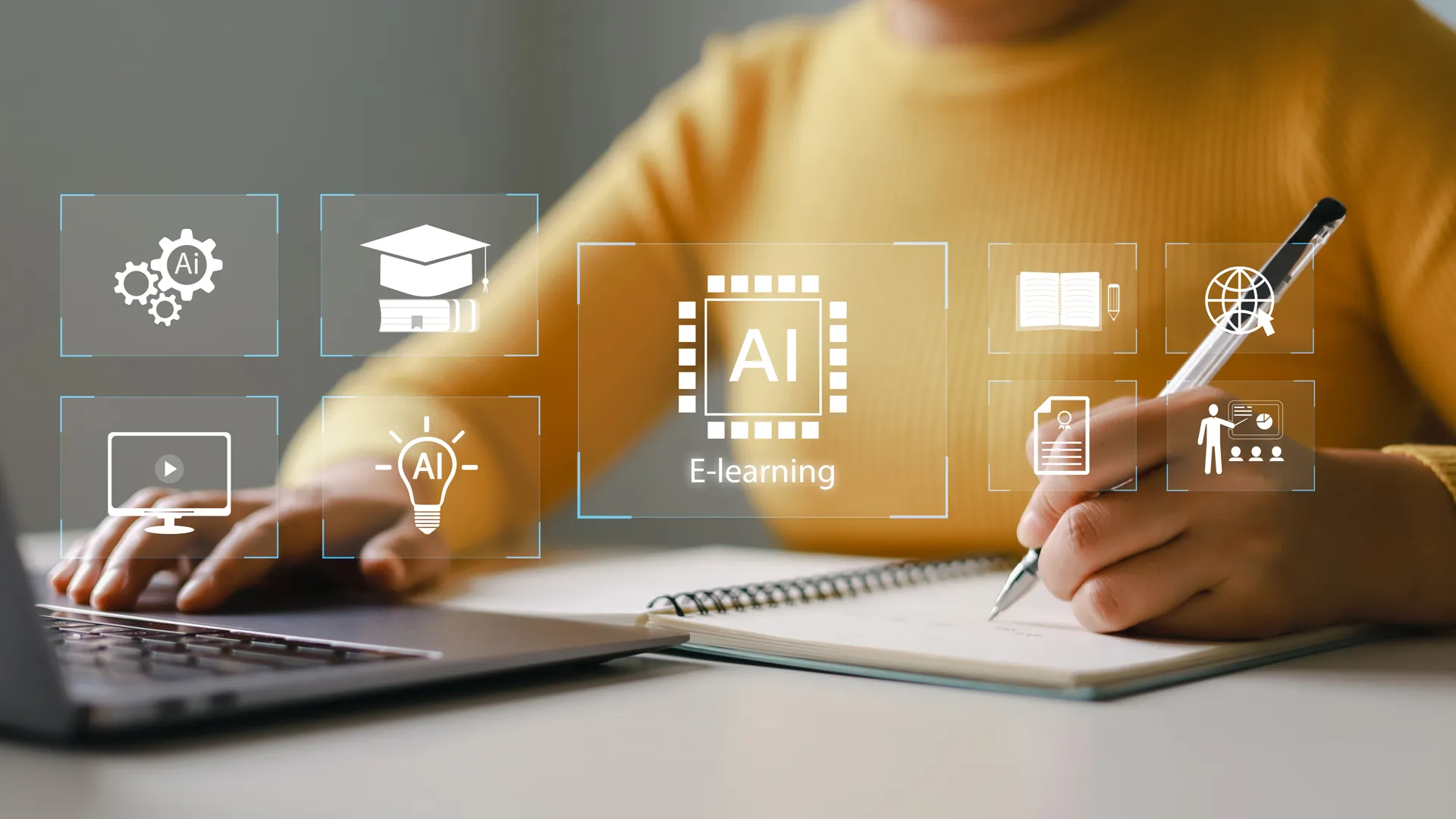 A person working on a laptop surrounded by icons representing AI learning concepts, while holding a pen about to write on a notepad on the other hand..